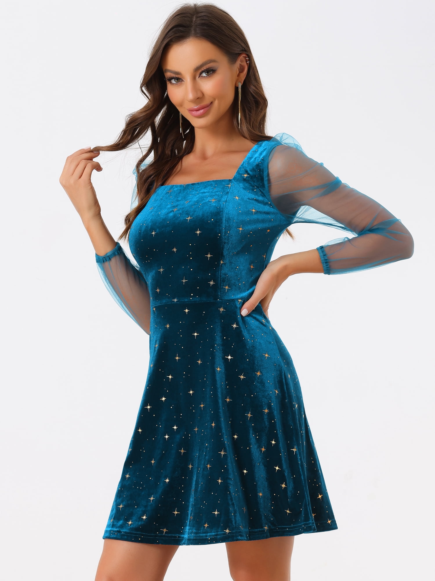 DARING DIVA Square Neck Mesh Sheer Sleeve Glitter Star Velvet Mini Dress L Dark Blue