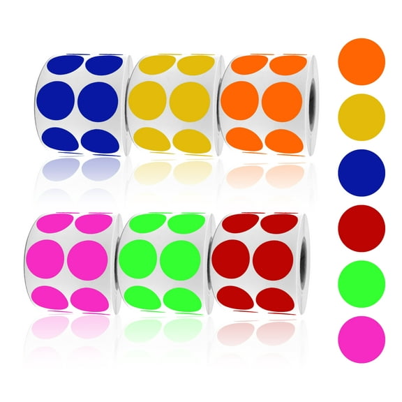 Round Dot Sticker in 6 Colors 3/4" Diameter Color Coding Labels (1.9cm) 19mm - 6 Paper Rolls - 6300 Pack by Royal Green