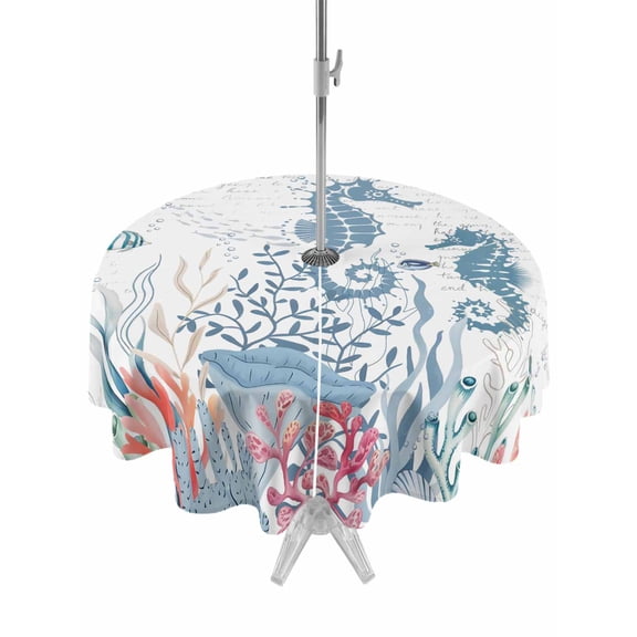 Outdoor Tablecloth with Umbrella Hole for Patio/Picnic/Party/Camping, Coastal Seahorse Waterproof Table Cloth Round Cover Washable, Summer Beach Nautical Ocean Coral (Dia 54")
