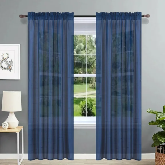 Gorgeous Home Linen 2PC MR2 navy Blue Solid Color Faux Silk Semisheer See Through Rod pocket Window Curtain Panels 55" Wide X 95" Long Each pc