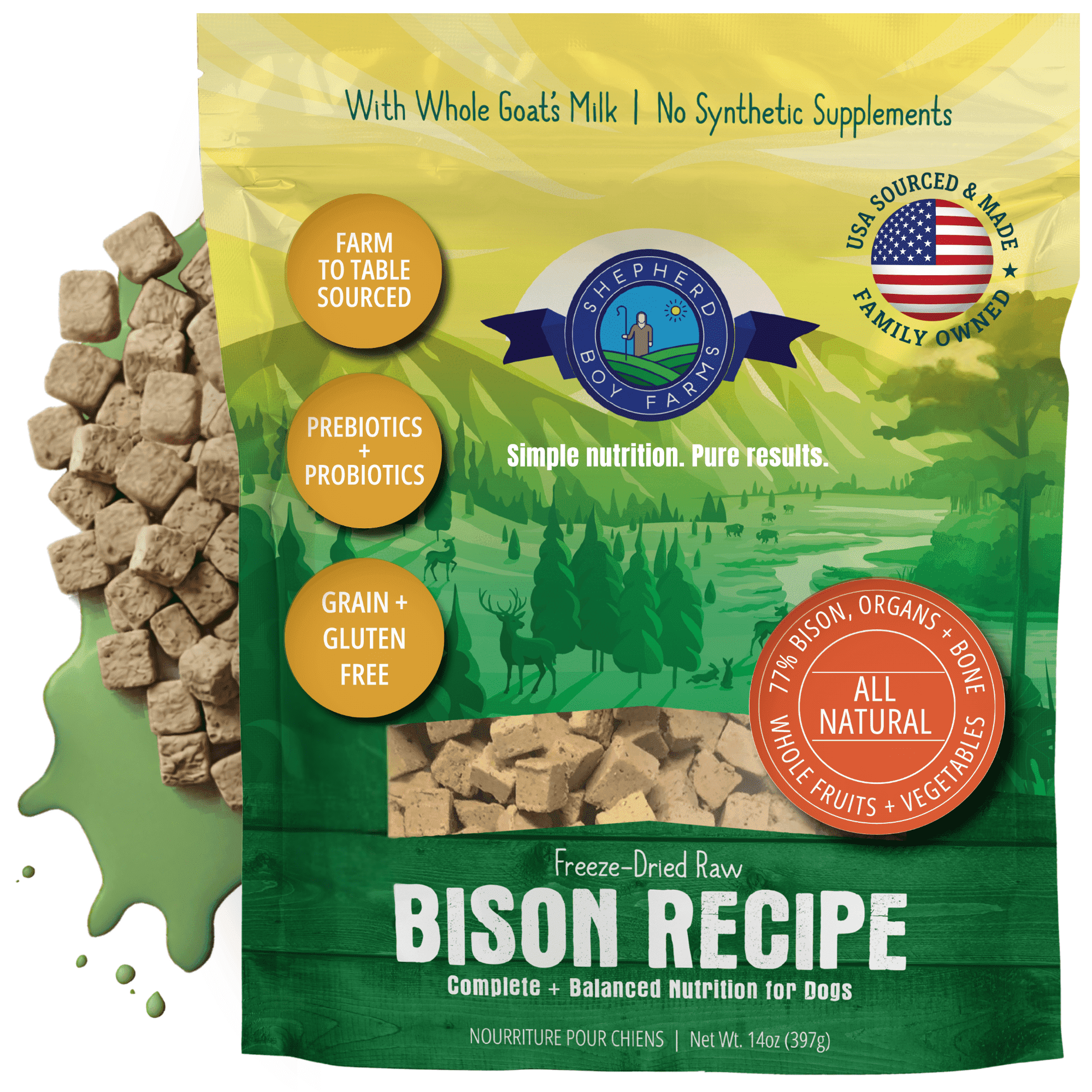 Shepherd Boy Farms Freeze Dried Raw Dog Food, Bison Recipe, All Natural, No Synthetics, Made in USA with Goat's Milk & Organic Produce, High Protein, Complete Meal (14oz)