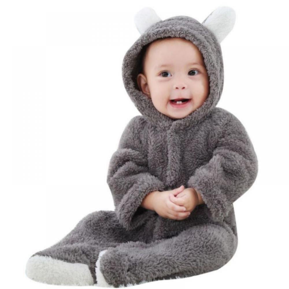 Newborn Baby Boys Girls Winter Warm Fleece Bear Ear Jumpsuit Romper Outwear Coat 