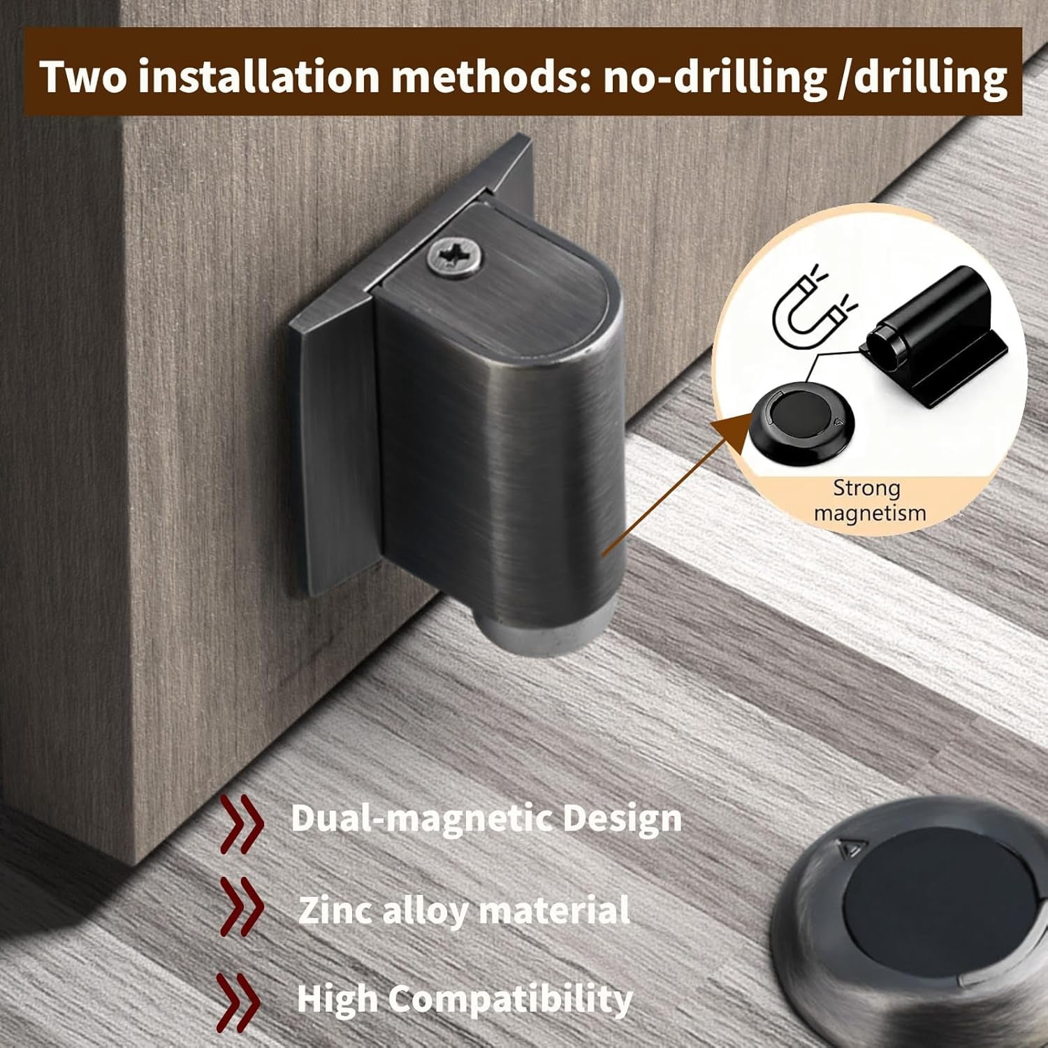 JJEAN-2 Pack Magnetic Door Wedge Stoppers,Heavy Duty Door Catch Holder Stops for Bottom of Door Wall Floor Mounting No Drill 3M Adhesive & Screws Strong Magnet Keep Door Open