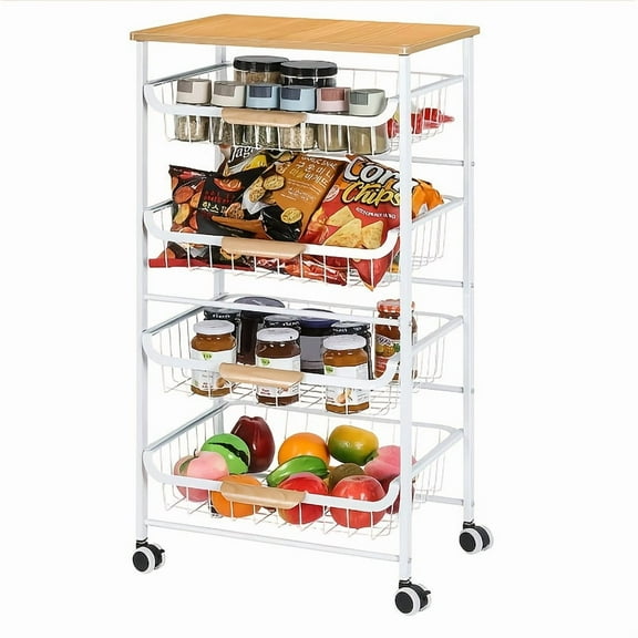 5 Level Kitchen Storage Car, White, 4 Pull-out Drawers, Movable Metal Snack Cart, Kitchen Cart, Kitchen, Bathroom, Living Room, Party, Office