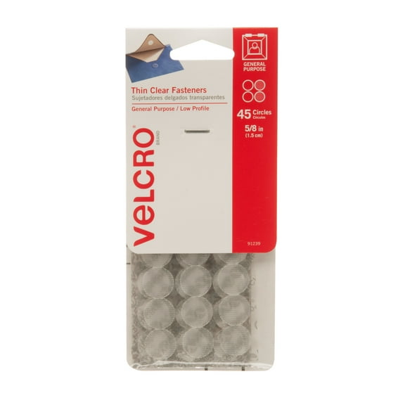 VELCRO Brand Thin Clear Fasteners, Easy to Use Classroom and Office Organization, 0.625 in Circles 45 Count