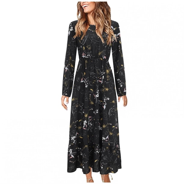 Vestidos Para Mujer Moda Cuello Redondo Estampado Floral Delgado Manga Larga Vestido Hasta El Tobillo Odeerbi ODB126863