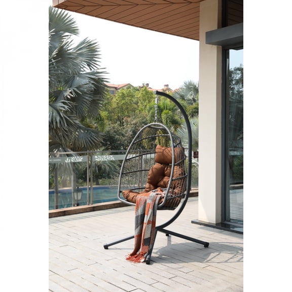 FENGFAN Brown Egg Chair with Stand Foldable Wicker Hanging Swing Chair Indoor Outdoor 350lbs Capacity 1 Pack