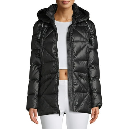 Kendall + Kylie Women's Shiny Long Puffer with Bold Zipper (Best Winter Clothing Brands)