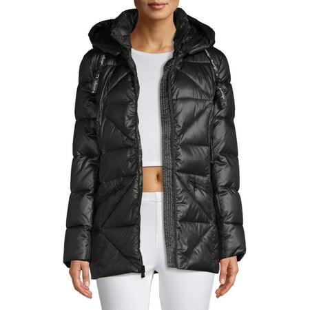 Kendall + Kylie Women's Shiny Long Puffer with Bold Zipper