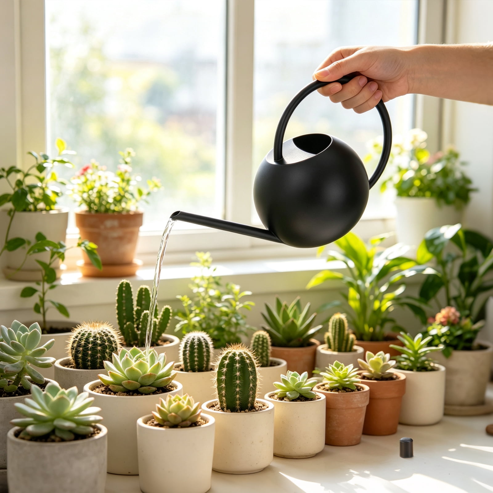 Yoneston Watering Can with Long Spout for Indoor Outdoor Plants, 35oz/1000ml Metal Stainless Steel Pot Removable Spray Spout for House Plants Bonsai Garden Flower, Black
