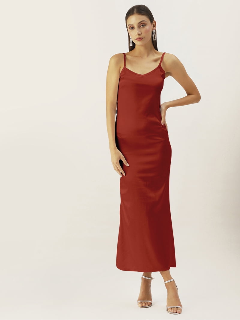 DressBerry Women's Solid Satin Ankle Length Dress Strappy Shoulders  Sleeveless High Rise Round Neck Single Side Slit Western Style Gown Dress -  Walmart.com