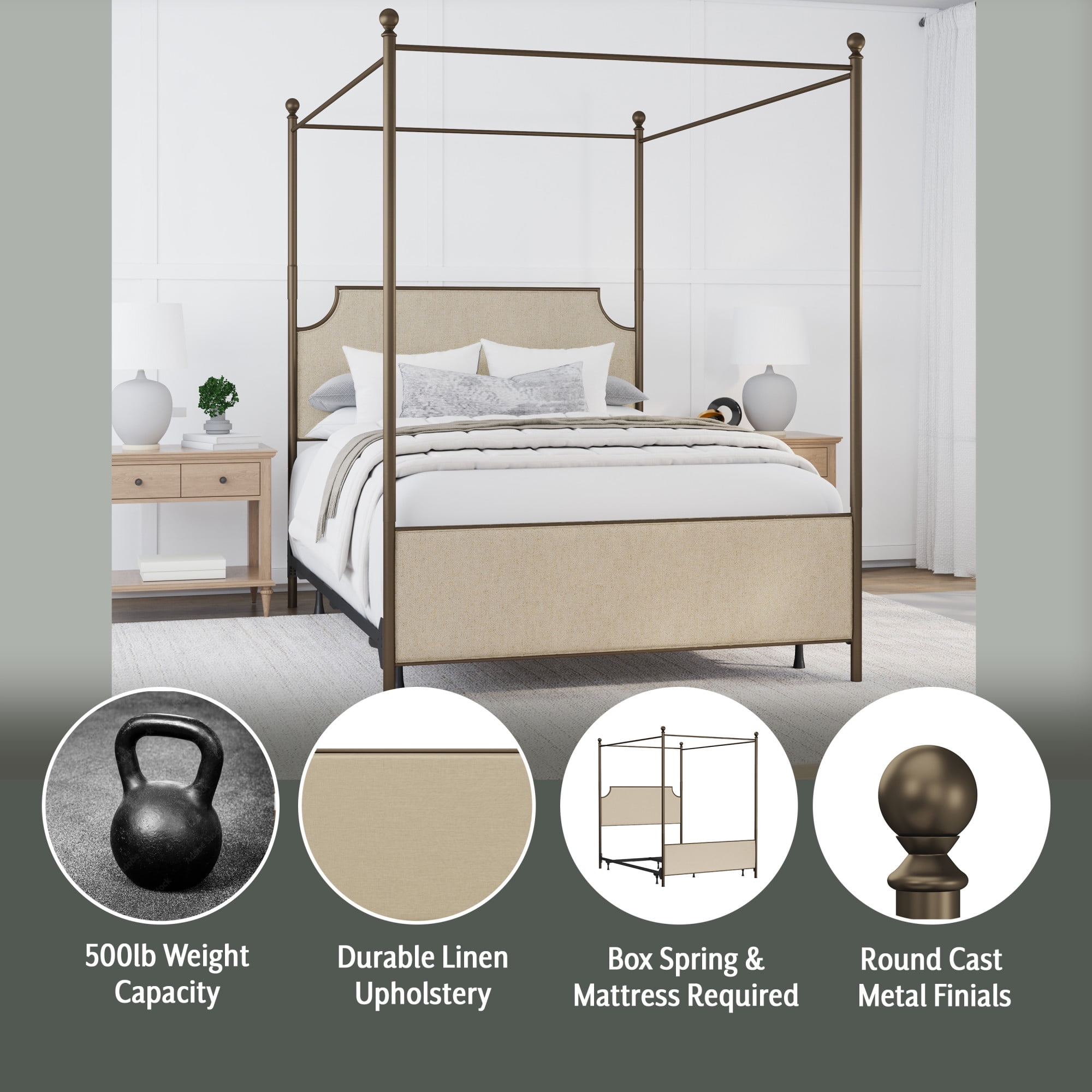 Hillsdale Furniture McArthur Metal Upholstered Canopy Queen Bed, Bronze with Linen