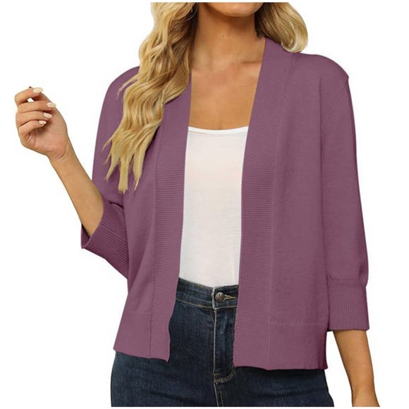 Xdegoge Womens 3/4 Sleeve Cropped Cardigan Sweater Casual Lightweight Open Front Cardigan Fashion Short Shrugs Cardigans Lightweight Sweaters Plus Size Clothes Purple M