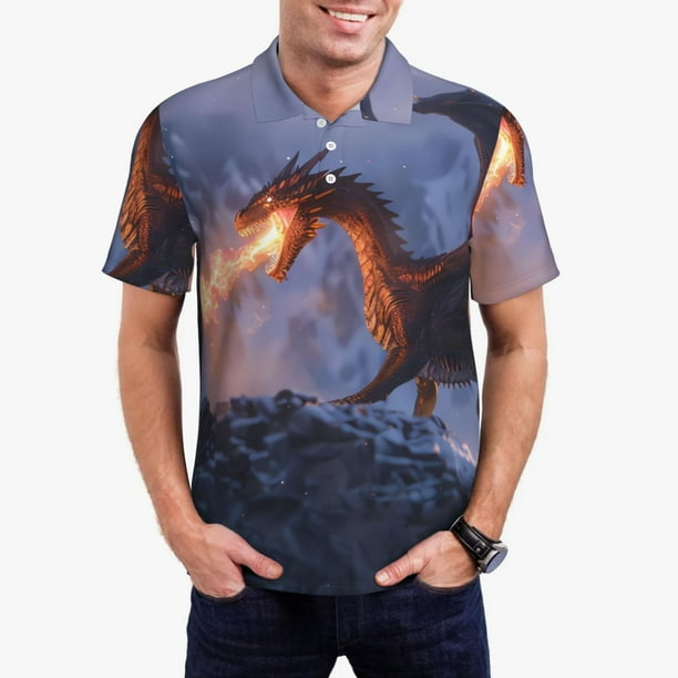 Balery Winter Fire Dragon Camisa Polo de Hombre con Estampado, de Manga Corta y Tejido Medio, Camisa Tipo Golf Polo-4X-Large