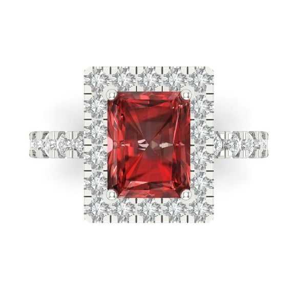 3.84ct emerald cut red natural garnet 14k white gold engraving statement bridal wedding halo Designer Ring size 7.5
