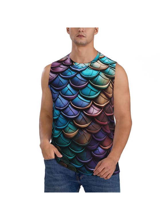 Men Sleeveless T-Shirt Workout Tank Tops Gym Casual Muscle Tee, Fish Scale Art Mermaid Scales