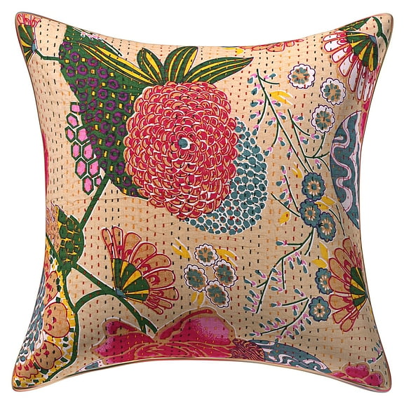 Stylo Culture Ethnic Chair Seat Throw Pillow Cover 16 x 16 Kantha Embroidered Beige Traditional 40x40 cm Home Decor Cotton Tropicana Square Cushion Cover | 1 Pc