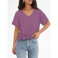 thumbnail image 2 of Womens T Shirts V Neck Rolled Sleeve Pocket Summer Tops Casual Loose Basic Tee Shirts Trendy, 2 of 5