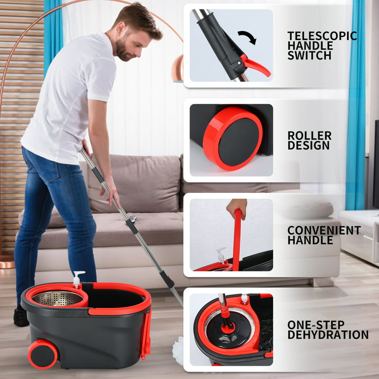PULNDA Spin Mop and Bucket with Wringer Set,Mop and Bucket Set for Floor Cleaning with 3 Mop Refills 61 Inches Telescoping Mop Rod for Office and Home
