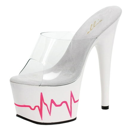 Platform Heart - White Platform Heels with Pink Heart Moniter Print Women's 7'' Stiletto Sandals