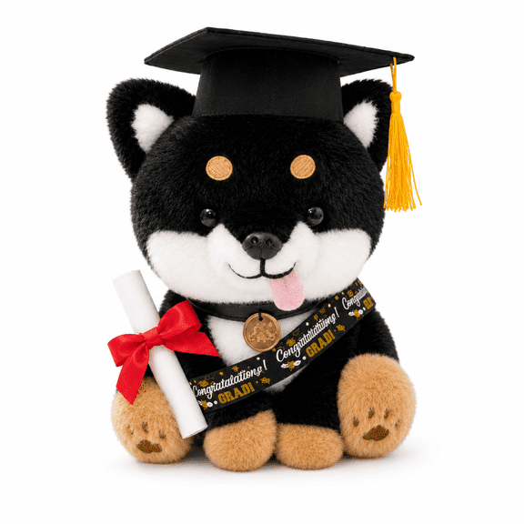 Graduation Shiba Inu Plush Toy with Cap, Tassel, Sash and Diploma, Cute Dog Stuffed Animal Graduation Gift, Soft Puppy Plush Doll for Graduation Party Decor, Class of 2026 Keepsake, Orange or Black