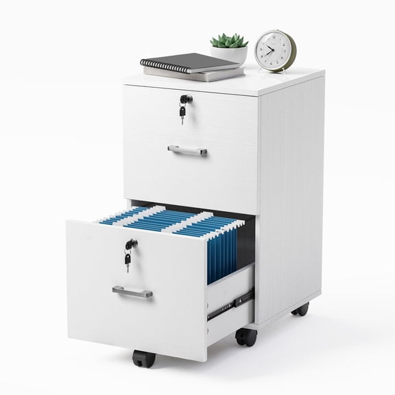2 Drawer File Cabinet with Lock, Rolling Filing Cabinet for Letter Size Folders, Mobile Under Desk Storage with Wood Grain White Finish, Sturdy Printer Stand for Home Office Use, White