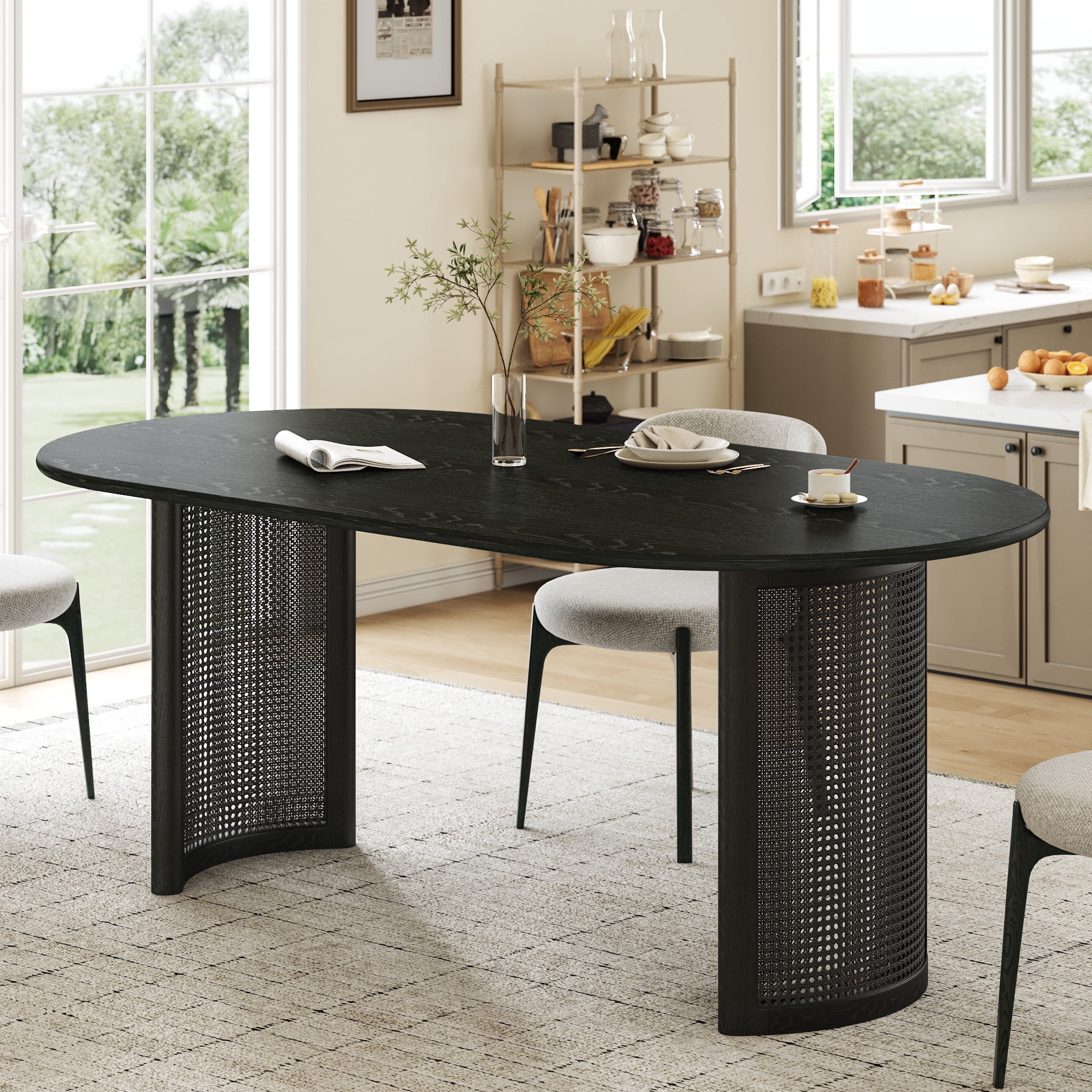 MAYEERTY Modern 67*33.5*30" Oval Black Dining Table with Arc - shaped Rattan Legs, Seats 6