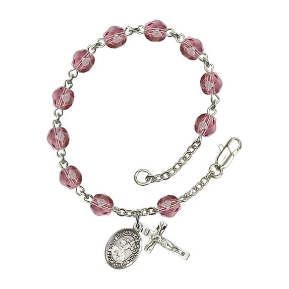 St. Bernard of Clairvaux Silver Plate Rosary Bracelet 6mm February Purple Fire Polished Beads Crucifix Size 5/8 x 1/4 medal