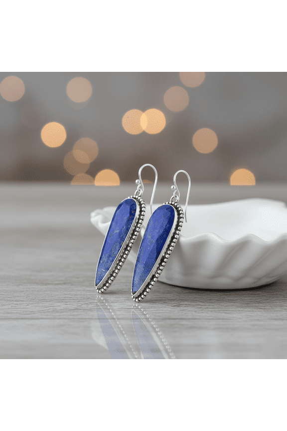 Checkerboard Lapis Lazuli Dangle Earrings Long Blue Gemstone Teardrop Earring in Sterling Silver | Handmade Bohemian Crystal Jewelry