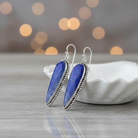 Sechi Checkerboard Lapis Lazuli Dangle Earrings Long Blue Gemstone Teardrop Earring in Sterling Silver | Handmade Bohemian Crystal Jewelry
