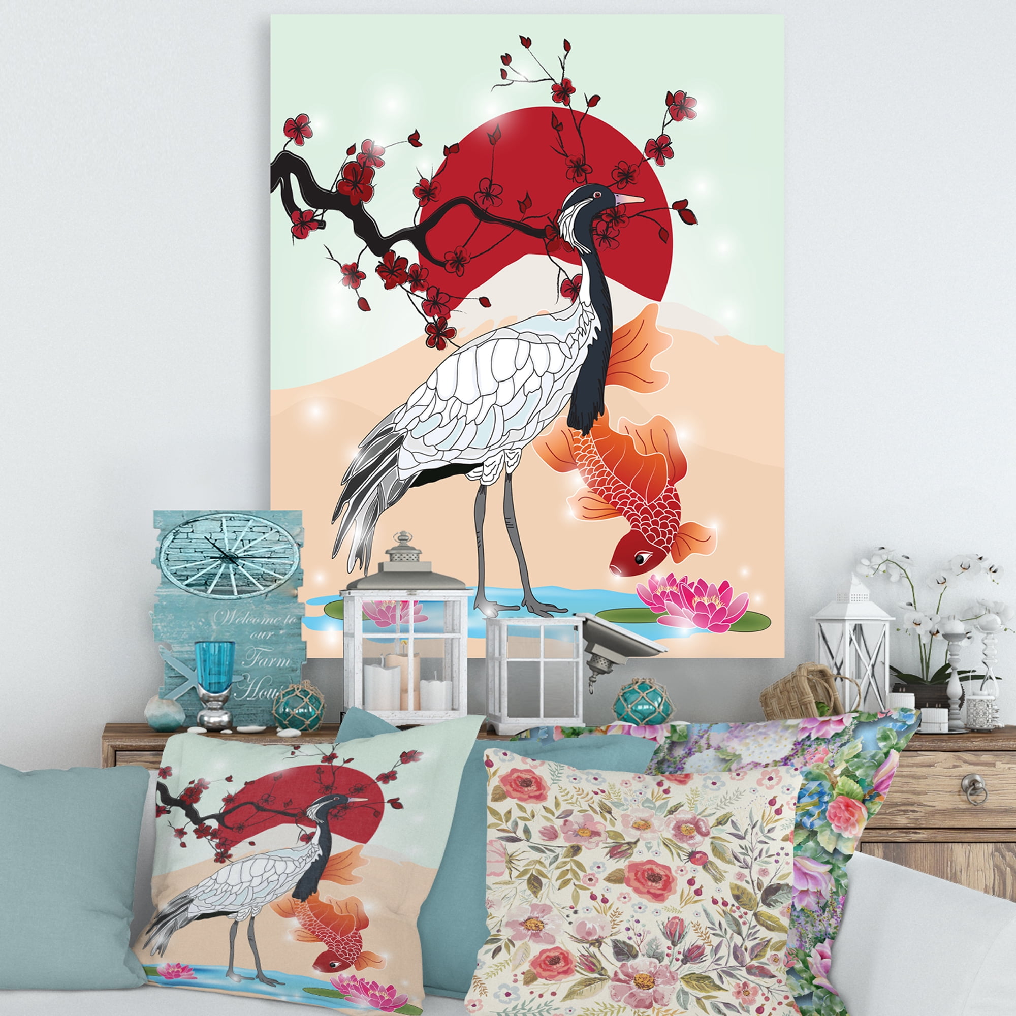 Designart ' Koi Fish With Crane Bird ' Farmhouse Canvas Wall Art Print