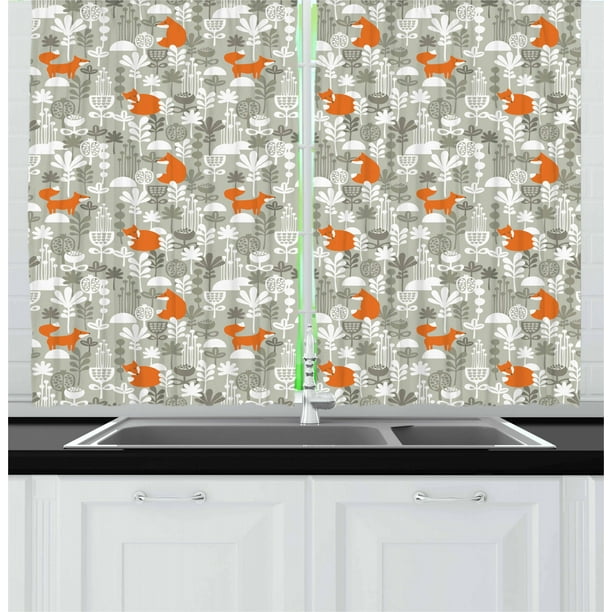 Fox Curtains 2 Panels Set Woodland Animals In Flower Field Nursery Cartoon Sleeping Forest Fauna Window Drapes For Living Room Bedroom 55w X 39l Inches Orange Pale Sage Green By Ambesonne