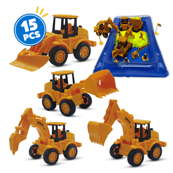 JEEXI Construction Playset with Magical Fluffy Sand - 15pcs Set, Engineering Toddler Truck Toys for 3 4 5 6 Years Old Boys, Pull Back Tractors Vehicle Cars for Christmas Birthday Gifts