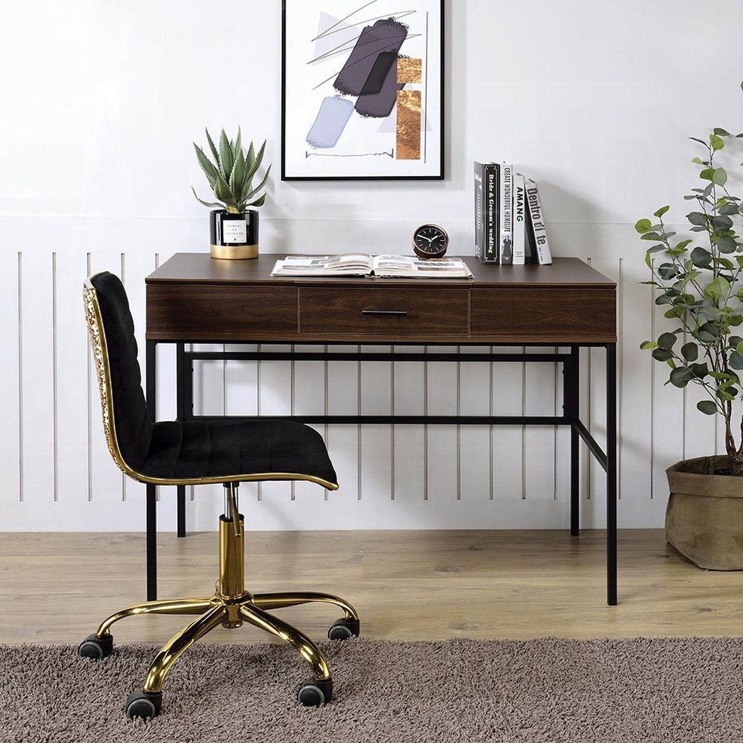 Writing Desk with Built-In USB Port and Plug, 1 Storage Drawer, 3/4 Extension Glide, Rectangular Industrial Office Desk, 42 in