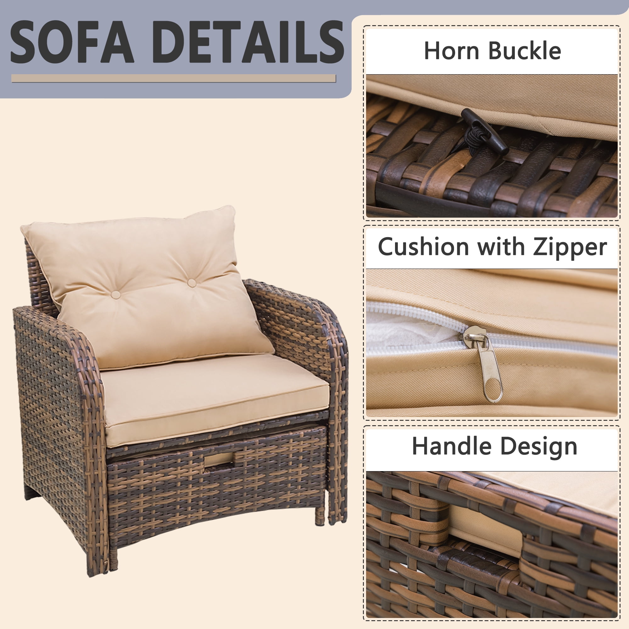 5 Pieces Wicker Outdoor Patio Chairs Set with Ottoman Underneath, Outdoor Chair Set with Ottoman and Table, PE Rattan Patio Conversation Furniture Set with Footrest, Beige