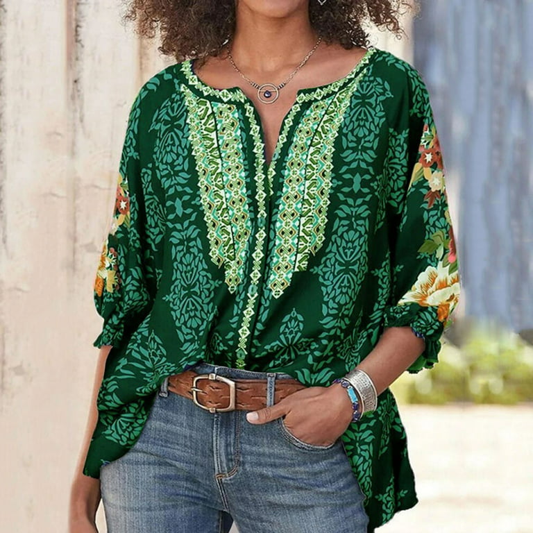 Bohemian Print Button-Up Long Sleeve Top - Boho Shirt for Women - Summer  Blouse