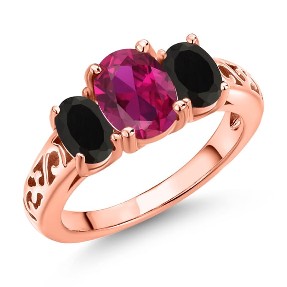 Gem Stone King 18K Rose Gold Plated Silver Red Created Ruby and Black Onyx Filigree Style 3 Stone Ring for Women (2.15 Cttw, Oval 8X6MM and 6X4MM) (Size 5)