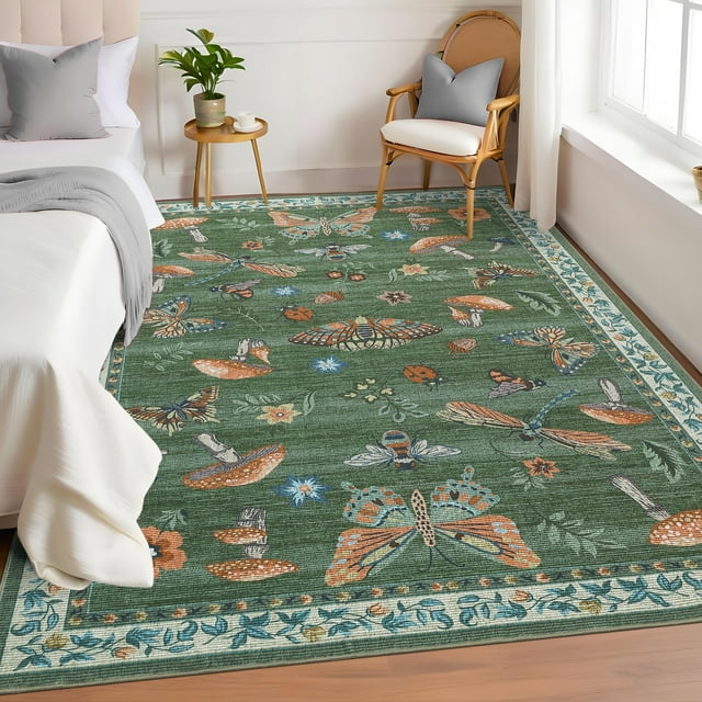 Hasoo Washable Bedroom Insect Floral Area Rug 8' x 10' Rug for Living Room Polyester Green Stain-Resistant Indoor Carpet
