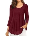 thumbnail image 2 of ClodeEU Women's 3/4 Length Sleeve Blouses，Round Neck Pleated，Sparkle Effect Double Layer Tunic Tops Wine,Womens Plus S, 2 of 8