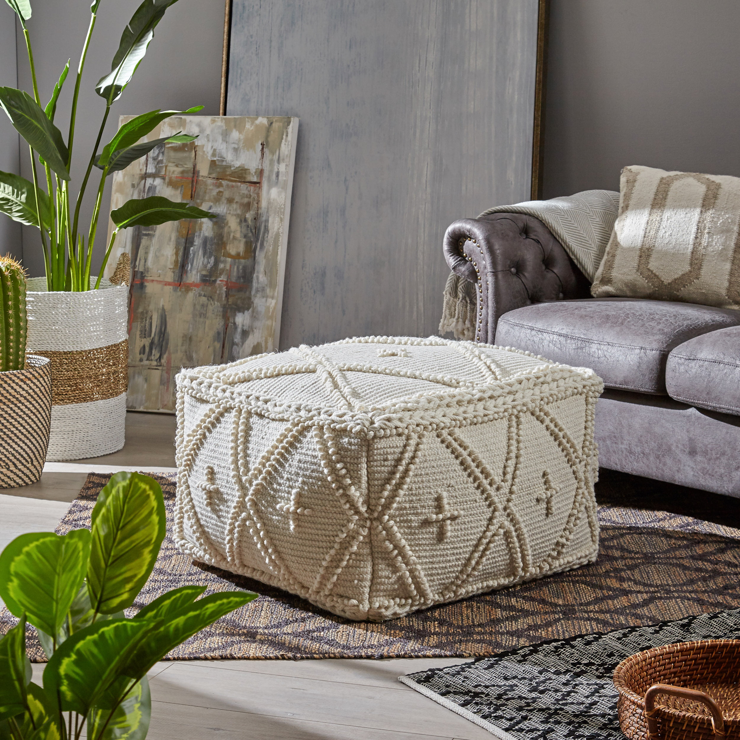 Natural and Ivory Great Deal Furniture Honey Boho Wool and Cotton Ottoman Pouf