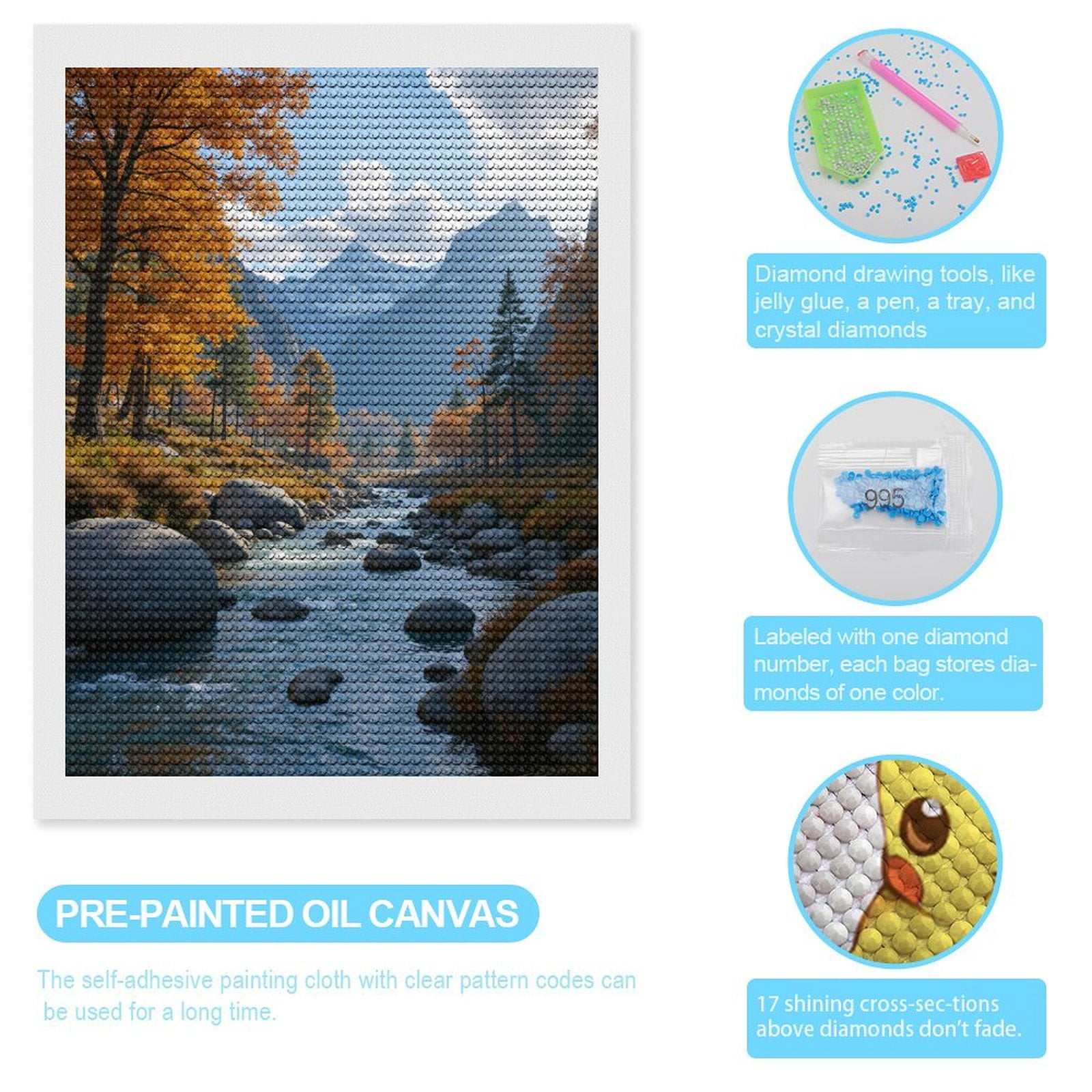 Diamond Art Kits for Adults - Autumn River Scenic Mountain Landscape 5d Diamond Painting for Adults, Diamond Art for Adults Beginners, Frameless Diamond Painting Kits for Adults for Home Wall Decor