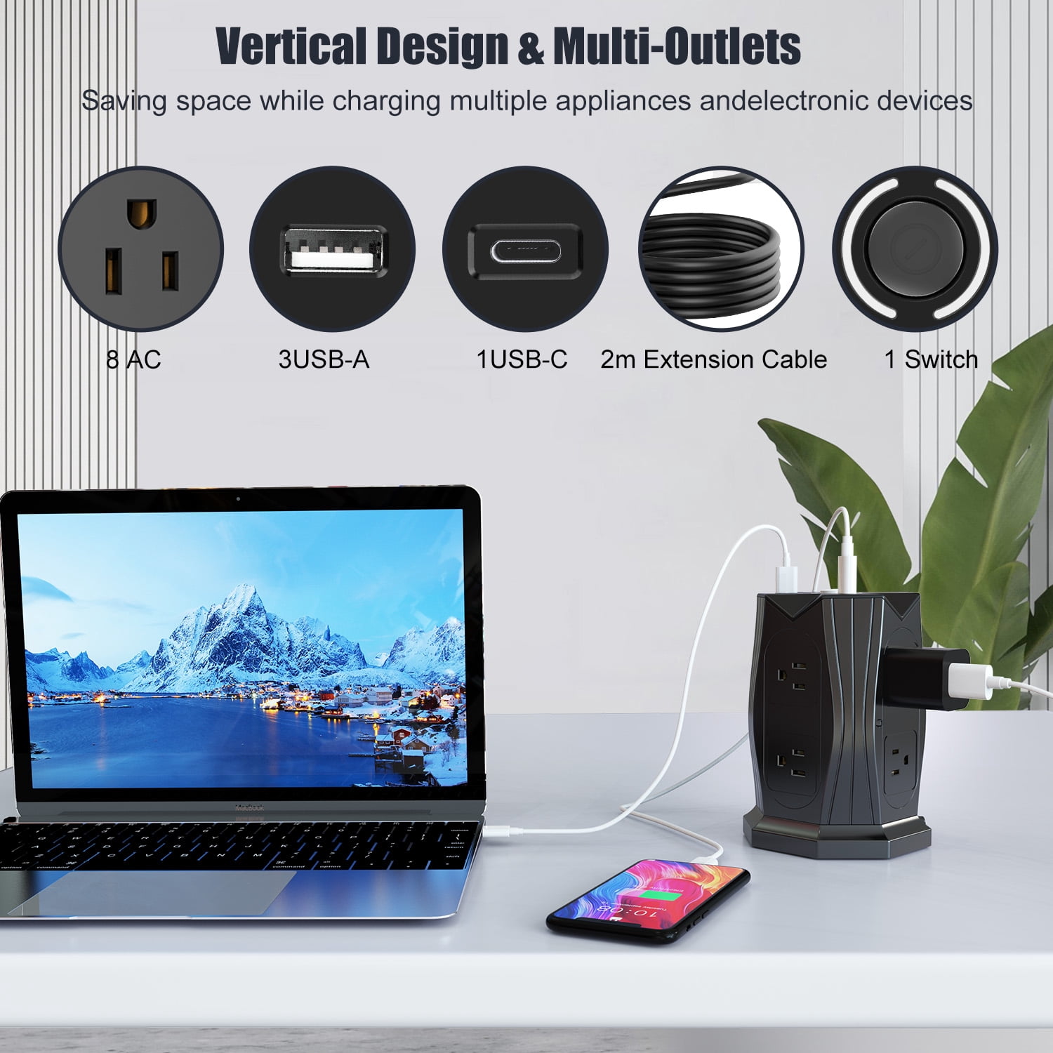 Tower Power Strip with Surge Protection,  8 AC Outlets + 3 USB +Type-C Ports, 6.5Ft Extension Cord
