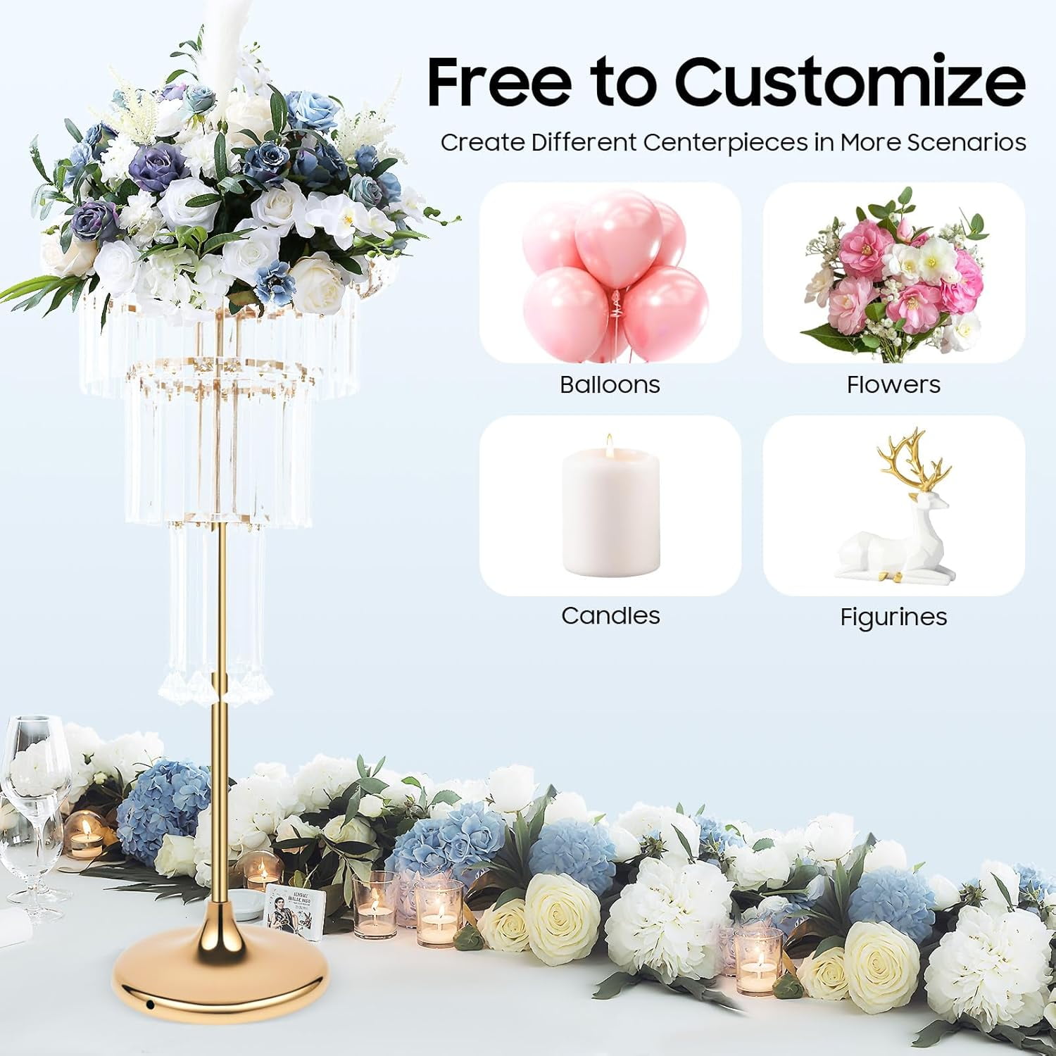 Flower Vase Crystal Flower Stand Wedding Centerpieces, 4 Tier Rectangular Chandelier Pedestal Stand, Round Pedestal Flower Holder Display, for Party, Dinner Event, Hotel/Home Decor