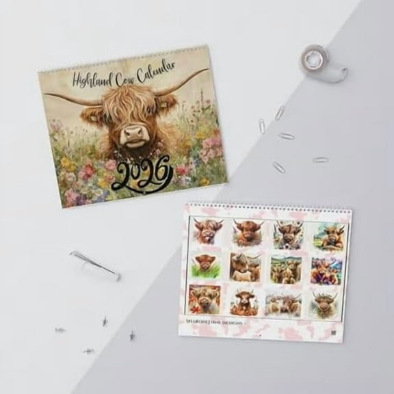 Staron 2026 Scottish Cow Wall Calendar, Monthly Planner with Highland Cattle Art, 12-Month Farm Animal Decor