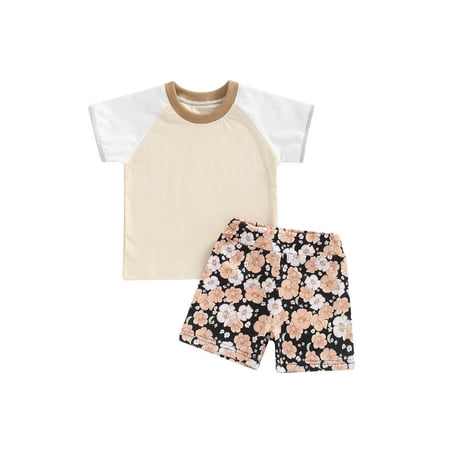 

Canrulo Toddler Baby Girls Summer Outfits Short Sleeve Contrast Color T-Shirt + Floral Shorts Set Apricot 2-3 Years