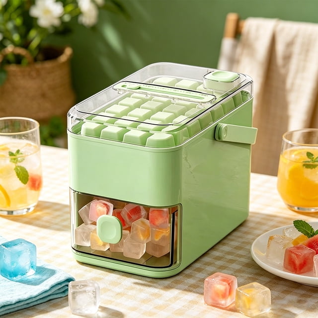 Ice Tray with Lid and Bin, Portable Ice Press Mold, Stackable Ice Trays for Freezer with Easy-Release Bottom, Quick Freezing Ice Box for Household Freezer Counter Storage