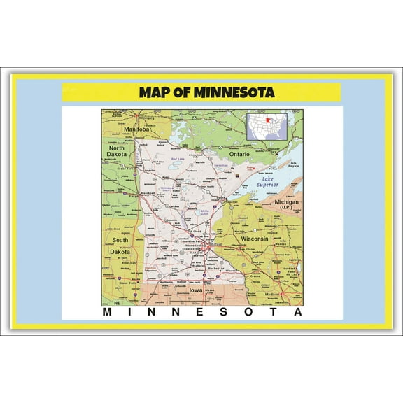 Map of Minnesota Style C - Laminated Wall Map Poster Print Perfect for Classrooms and Homes - Vivid Imagery with Bright Colors - 18x24