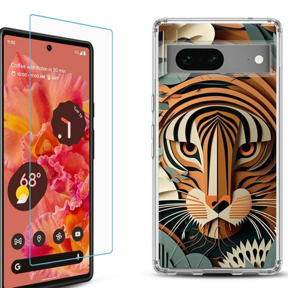 OneToughShield ® for Google Pixel 7a Shockproof Bumper Phone Case, with Tempered Glass Screen Protector - Tiger Art