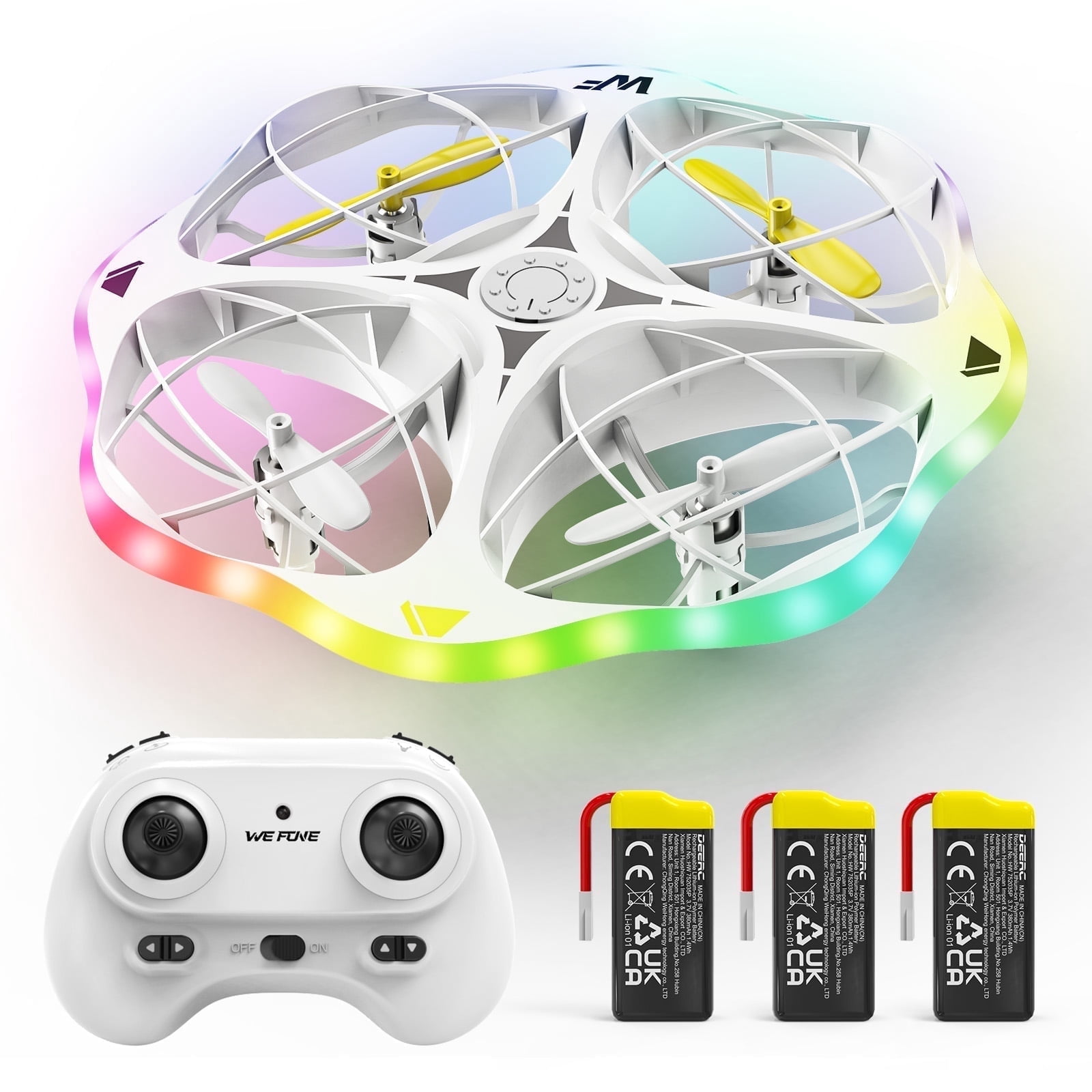 Drones for Kids, Wefone WF15 UFO RC Quadcopter with Colorful LED Lights for Night Flying, 360° Flip, 3 Speed Adjustable, 3 Batteries, White
