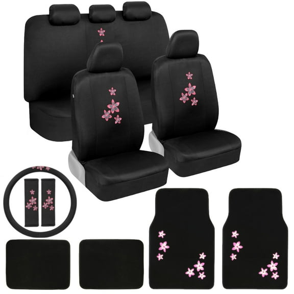 15pc BDK Black Pink Floral Flower Petals Combo Auto Interior Gift Set - Seat Covers, Matching Carpet Floor Mats, Steering Wheel Cover & Seat Belt Pads fits Most Car Truck Van SUV